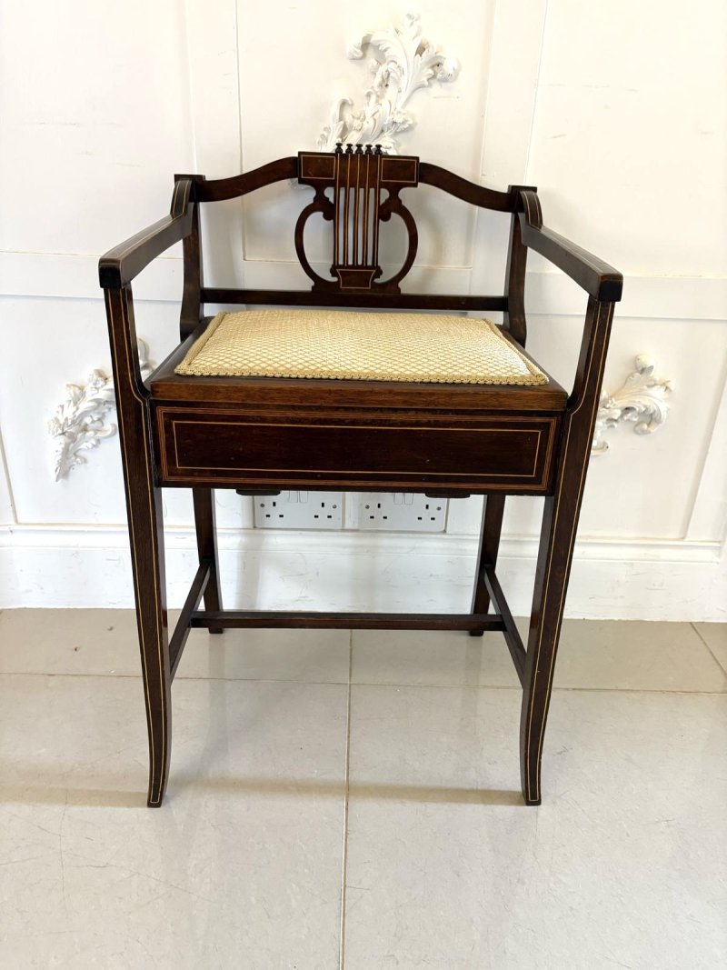Antique Edwardian Mahogany Inlaid Piano Stool - Image 2
